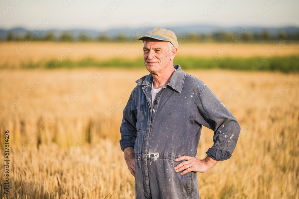 Smiling senior farmer wearing cap standing with arms akimbo at farm Smiling senior farmer wearing cap standing with arms akimbo at farm
