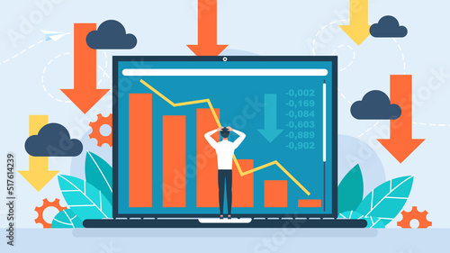 Business on falling down chart. Stock market crash. Investor lost money. A man is holding his head. Index graph falls down. Broader market fall. Economic and financial crisis. Vector flat illustration