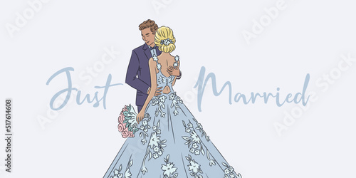 Wedding horizontal banner design template. Cute young married couple fashion beautiful bride with bouquet. Hand drawn vector illustration