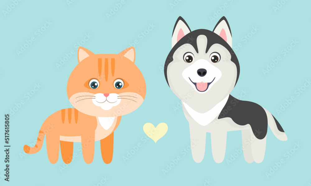 Cute ginger cat and dog with heart. Pet in simple flat style. Children's background. Cartoon flat illustration. Vector illustration of funny animals.	