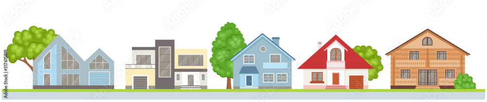 Row of houses on the street isolated om white background. Cute city concept horizontal banner. Vector buildings icons in simple, flat style. Village houses, skyline view. Row of houses on the street isolated om white background. Cute city concept horizontal banner. Vector buildings icons in simple, flat style. Village houses, skyline view.