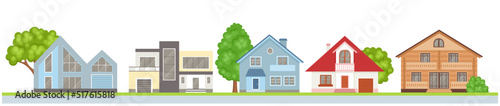 Row of houses on the street isolated om white background. Cute city concept horizontal banner. Vector buildings icons in simple, flat style. Village houses, skyline view.