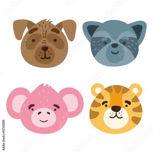 Collection of cute funny animal faces  heads. Set of various cartoon isolated muzzles. Vector illustration for print on children s clothing  greeting cards  nursery  stickers  stationery  room decor