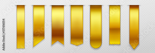 Golden bookmarks, ribbon, banner 3d mockup, blank book marks with rounded, pointed and straight edges. Vertical silk canvas, tags template, Realistic 3d vector icons isolated on transparent background