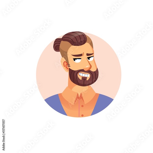 Vector flat cartoon young hipster man character head avatar,male face with sly grin expression emotion on empty background-fashion lifestyle,social media concept,web site banner ad design