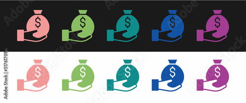 Set Money bag icon isolated on black and white background. Dollar or USD symbol. Cash Banking currency sign. Vector