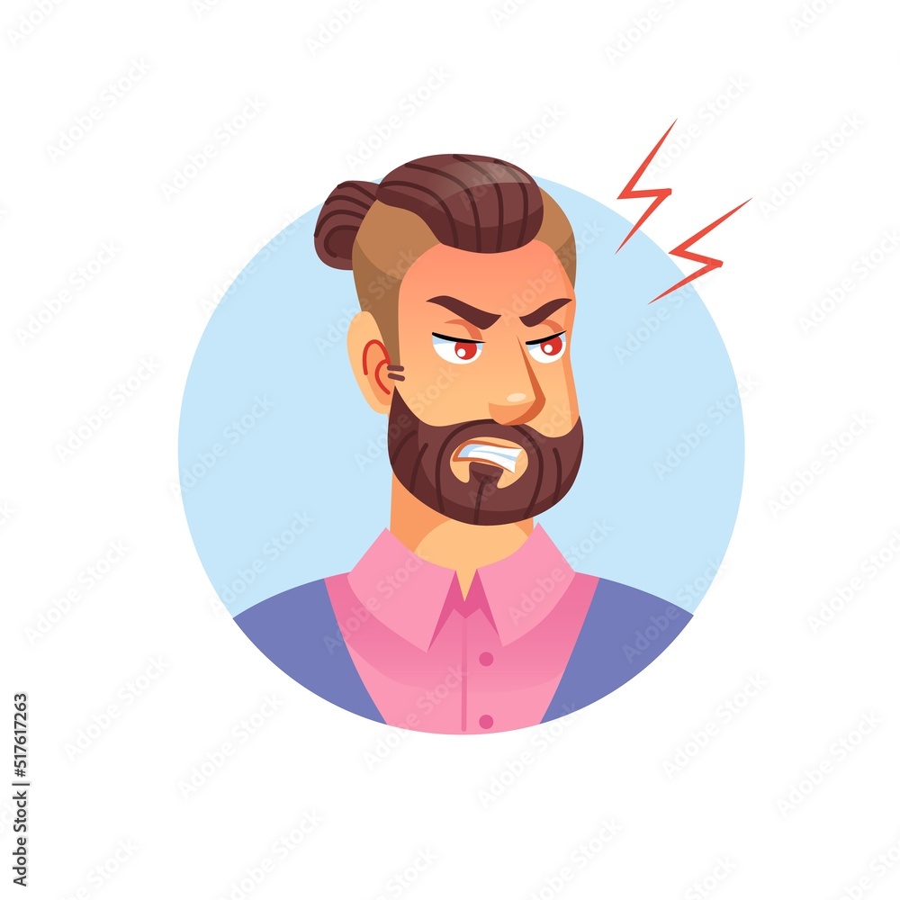 Vector flat cartoon young hipster man character head avatar,male face with angry expression emotion on empty background-fashion lifestyle,social media concept,web site banner ad design