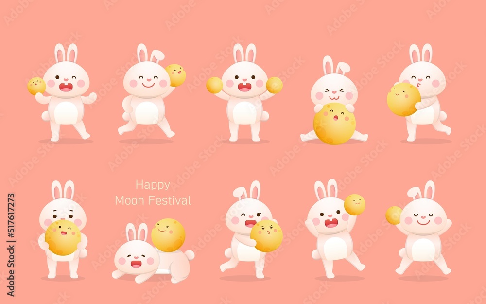 10 Cute Rabbit Mascot Characters with Moon, Traditional Festivals in China and Taiwan: Mid-Autumn Festival