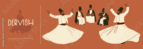 Dancing dervishes and musicians. Sufi religious dance. Traditional Turkish image for the design of tourism and souvenir products. Vector illustration isolated.