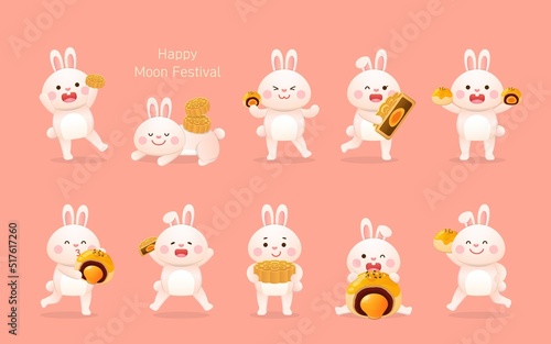 10 Cute Rabbit Mascot Characters and Traditional Food or Dessert for Mid-Autumn Festival: Mooncakes