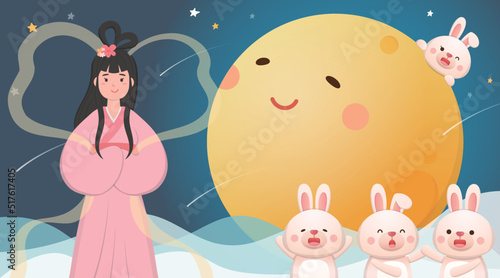 Fairy and Moon and Rabbit poster for Mid-autumn festival, Chinese legend and story, Asian traditional festival