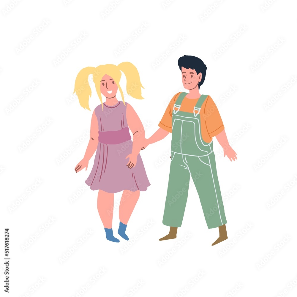 Vector cartoon flat kid characters,boy and girl holding hands,happily smile and rejoice-children's fashion collection,happy childhood and family relationships social concept,web site banner ad design