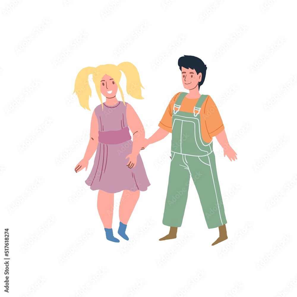 Vector cartoon flat kid characters,boy and girl holding hands,happily smile and rejoice-children's fashion collection,happy childhood and family relationships social concept,web site banner ad design Vector cartoon flat kid characters,boy and girl holding hands,happily smile and rejoice-children's fashion collection,happy childhood and family relationships social concept,web site banner ad design