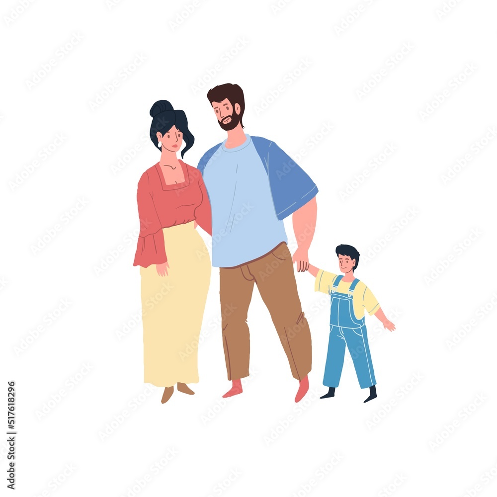 Vector cartoon flat happy family characters parents and kid,smiling mom,dad and son holding hands-positive emotions,healthy united family relationships social concept,web site banner ad design