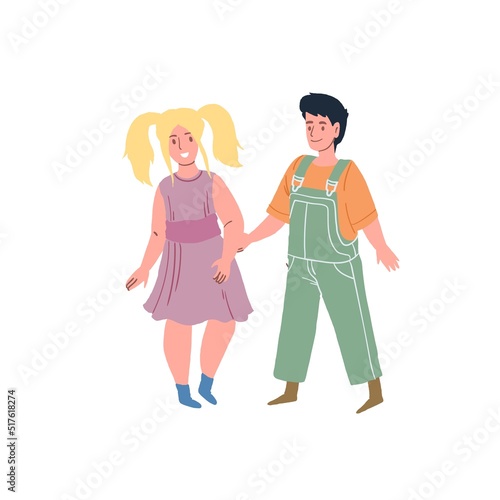 Vector cartoon flat kid characters,boy and girl holding hands,happily smile and rejoice-children's fashion collection,happy childhood and family relationships social concept,web site banner ad design