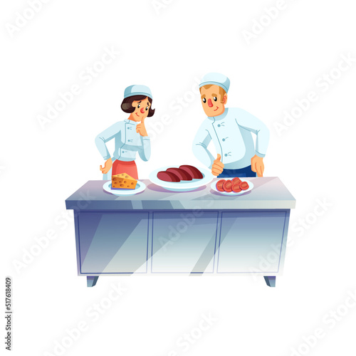 Vector cartoon flat characters chef assistants cooks meal,choosing ingredients-catering industry restaurant kitchen interior,professional food cooking workflow concept,web site banner ad design