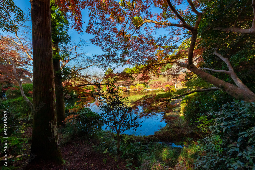 秋の奈良県・長岳寺で見た、池の周りを彩る紅葉と快晴の青空
