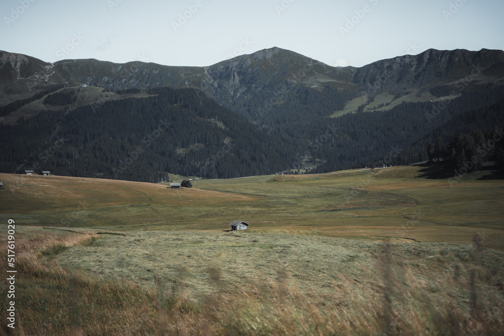Aussicht auf die Berge mit einer Holzhütte in der Seiser Alm