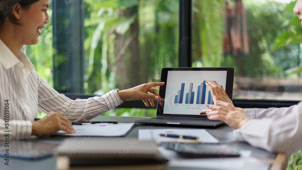 Coworker business concept, Businesswoman looking on chart financial to discussing project together Coworker business concept, Businesswoman looking on chart financial to discussing project together
