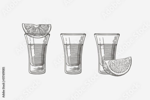 Set of hand-drawn shot glasses with tequila and lime slices. Design element for the menu of bars and restaurants, alcohol stores. Vector illustration in engraving style.