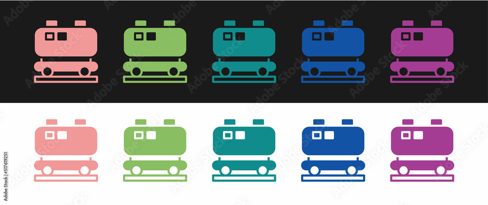 Set Oil railway cistern icon isolated on black and white background. Train oil tank on railway car. Rail freight. Oil industry. Vector Set Oil railway cistern icon isolated on black and white background. Train oil tank on railway car. Rail freight. Oil industry. Vector