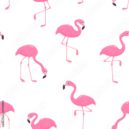 Cute pink flamingo on white background. Vector seamless pattern with cartoon tropical birds in different poses.