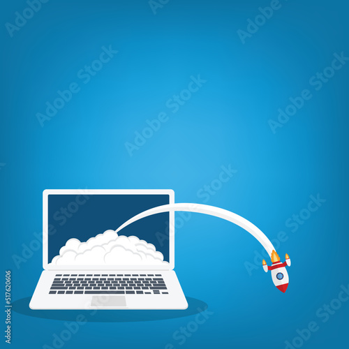 Fail app launch. Fail startup vector concept, flat cartoon rocket or rocket ship launch, mobile phone or smartphone, idea of unsuccessful business project start up, boost technology, innovation.