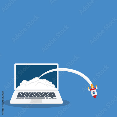 Fail app launch. Fail startup vector concept, flat cartoon rocket or rocket ship launch, mobile phone or smartphone, idea of unsuccessful business project start up, boost technology, innovation.