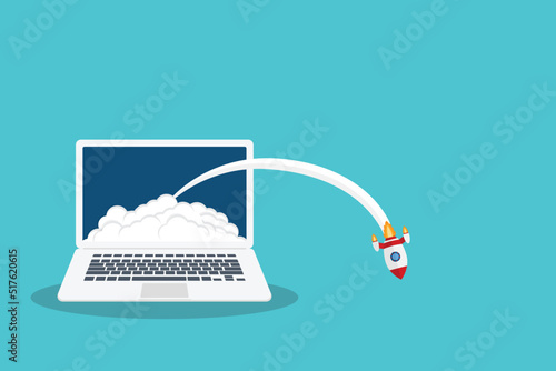 Fail app launch. Fail startup vector concept, flat cartoon rocket or rocket ship launch, mobile phone or smartphone, idea of unsuccessful business project start up, boost technology, innovation.