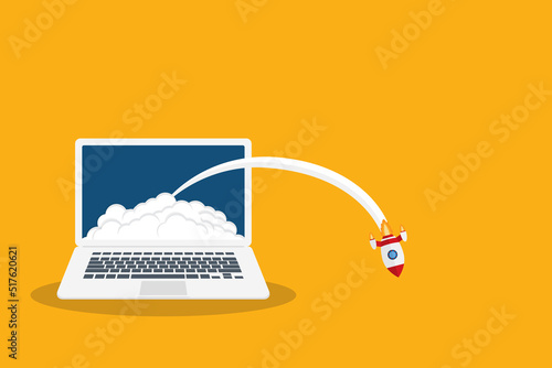 Fail app launch. Fail startup vector concept, flat cartoon rocket or rocket ship launch, mobile phone or smartphone, idea of unsuccessful business project start up, boost technology, innovation.