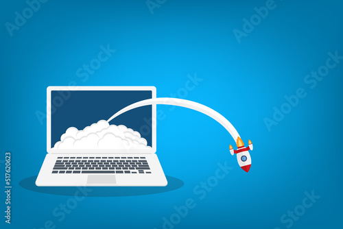 Fail app launch. Fail startup vector concept, flat cartoon rocket or rocket ship launch, mobile phone or smartphone, idea of unsuccessful business project start up, boost technology, innovation.