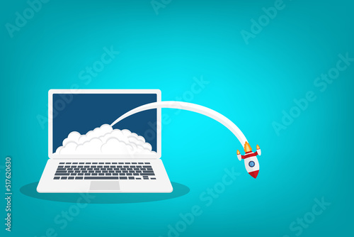 Fail app launch. Fail startup vector concept, flat cartoon rocket or rocket ship launch, mobile phone or smartphone, idea of unsuccessful business project start up, boost technology, innovation.