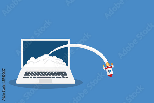 Fail app launch. Fail startup vector concept, flat cartoon rocket or rocket ship launch, mobile phone or smartphone, idea of unsuccessful business project start up, boost technology, innovation.