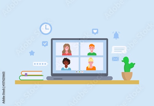 Laptop screen online video chat. Video conference, online training, video meeting program. Windows with chat participants