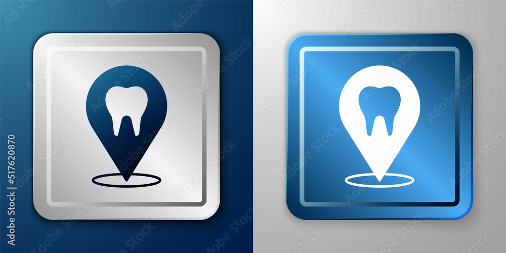 White Dental clinic location icon isolated on blue and grey background. Silver and blue square button. Vector