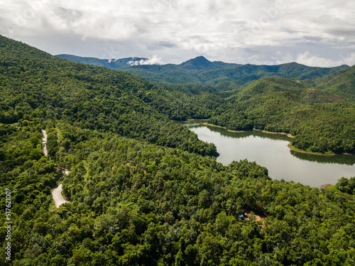 lake in forest from drone