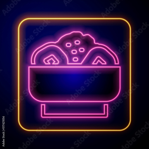 Glowing neon Chow mein on plate icon isolated on black background. Asian food. Vector