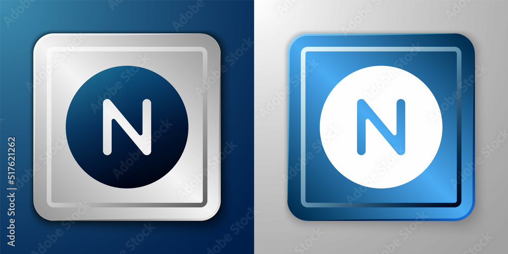 White Compass north icon isolated on blue and grey background. Windrose navigation symbol. Wind rose sign. Silver and blue square button. Vector White Compass north icon isolated on blue and grey background. Windrose navigation symbol. Wind rose sign. Silver and blue square button. Vector