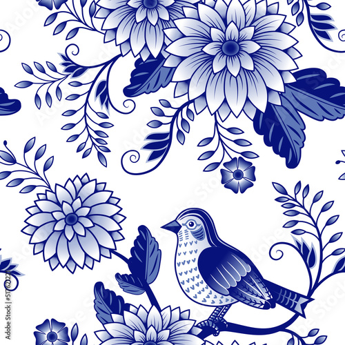 Bird sitting on a flowering branch. Blue and white abstract seamless pattern. Design Chinese style. Floral vector template.