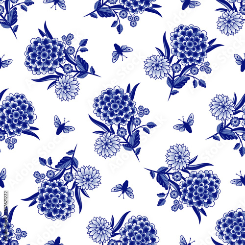 .Blue and white butterflies and bouquet of abstract flowers. Vector seamless pattern. Floral texture on a white background.  Chinese style design.
