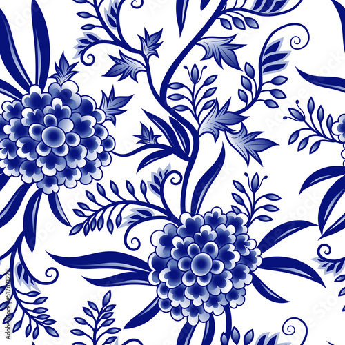 .Blue and white abstract flowers. Vector seamless pattern. Floral texture on a white background.  Chinese style design. .