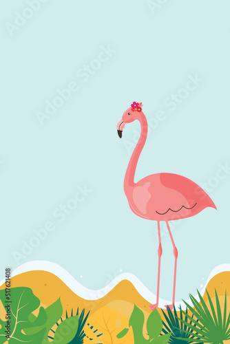 Decorative summer banner with flamingo  sand and tropical leaves. Vector flat design illustration