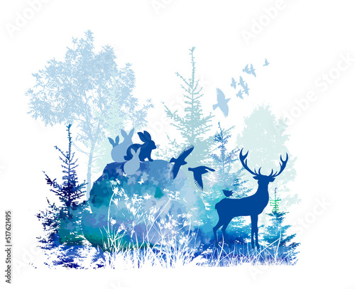 Blue forest landscape with deer and hare Vector illustration