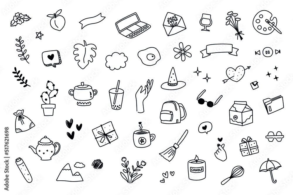 hand drawn black and white doodle icons set