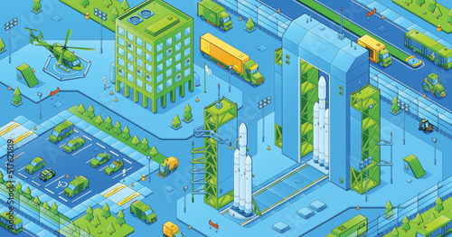 Isometric city infrastructure, urban architecture. Residential buildings, spaceport, helipad, car parking area, road with moving transport, trucks and commuters 3d vector design, line art illustration