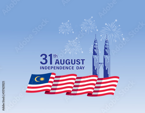 Happy 31st August Malaysia Independence Day Vector Illustration. Petronas Tower Design for 65th National Day Poster Banner Template. Twin Tower and Flag of Malaysia