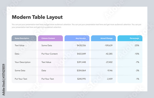 Modern table layout template with five colorful columns. Flat design, easy to use for your website or presentation.