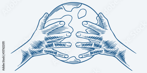 Vintage hand drawn hands hold earth isolated on white background.