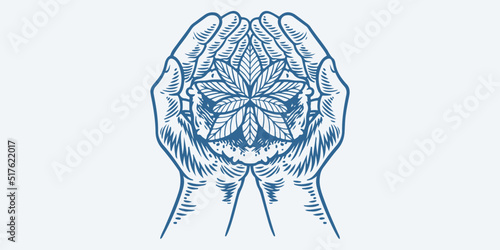 Vintage hand drawn hands hold plant isolated on white background.