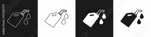 Set Canister for motor machine oil icon isolated on black and white background. Oil gallon. Oil change service and repair. Vector